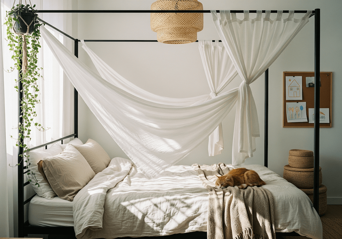 A serene 2025 bedroom featuring a lightweight canopy bed with sheer drapes, cozy linen bedding, and natural light — showing how to design a functional and stylish canopy bed.