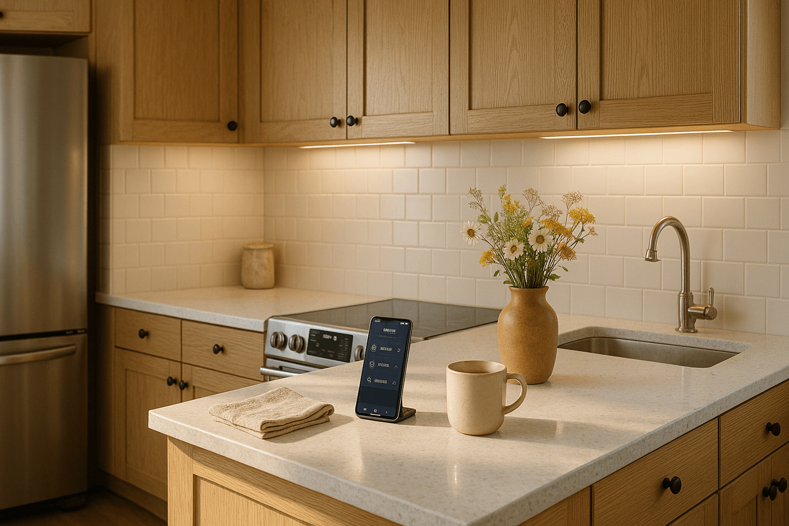 Modern kitchen with smart appliances, smartphone controlling lighting and security, under‑cabinet LED smart lights, and fresh flowers