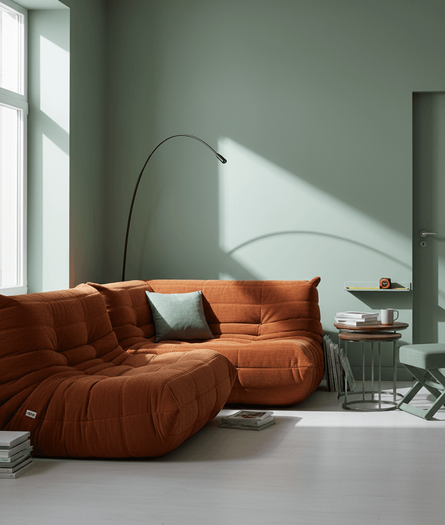 Modular slouchy sofa in a compact apartment, styled with warm colors and flexible seating zones.