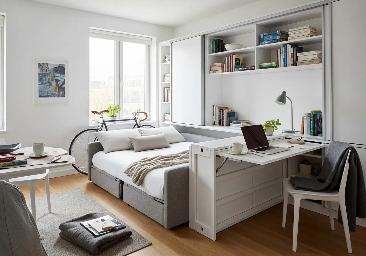 Small multifunctional apartment with fold-out desk, sofa bed, and hidden storage showcasing 2025 space-saving design trend.
