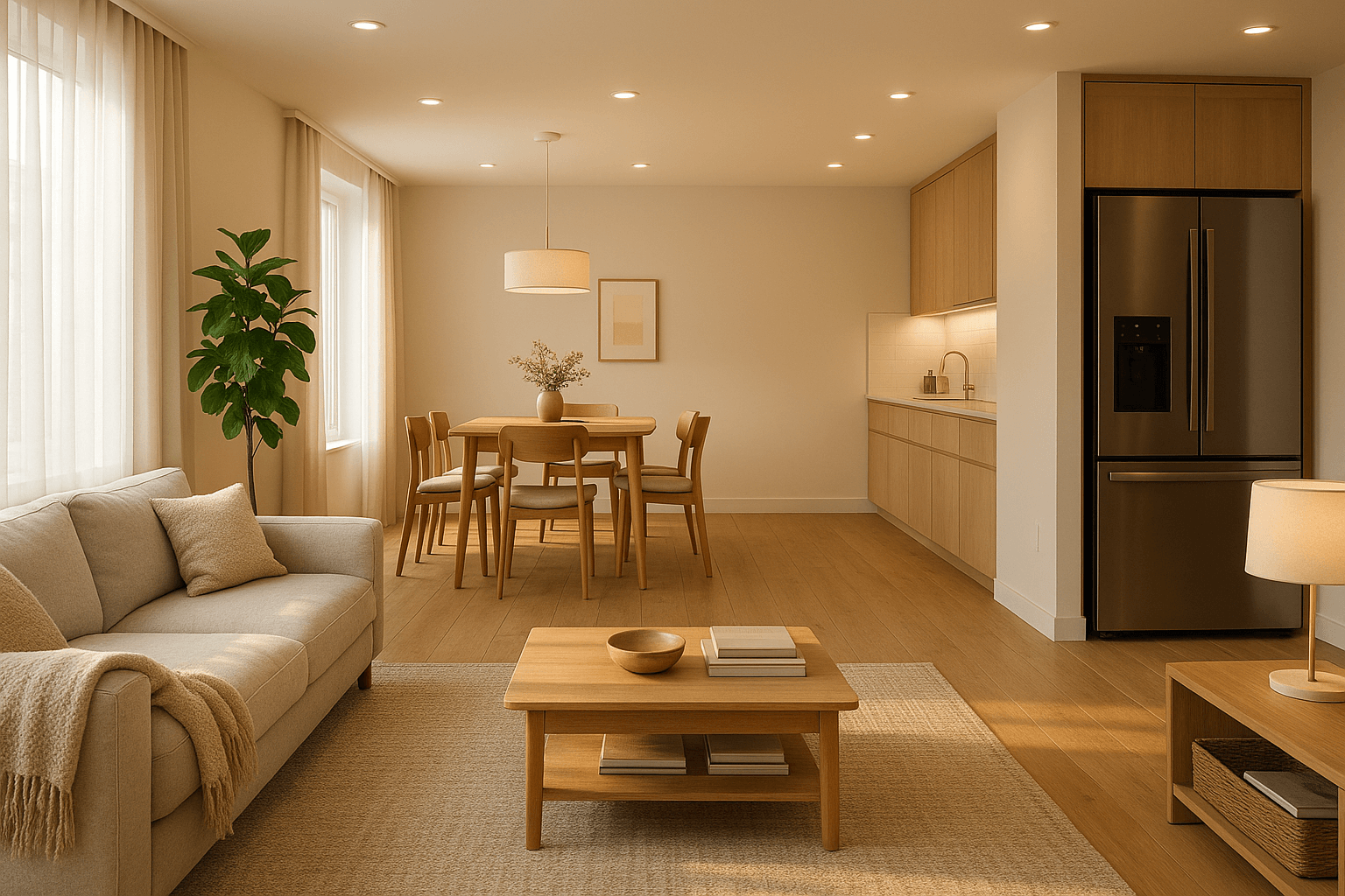 Bright open‑plan living and dining space with smart lighting, hidden speakers, sleek smart fridge, light wood flooring, and linen sofa