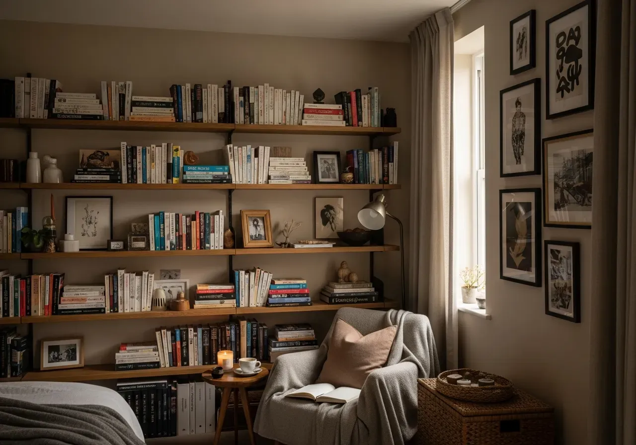Cozy reading nook with bookshelves, framed photos, and personal decor showing 2025 personalized interior design trend.