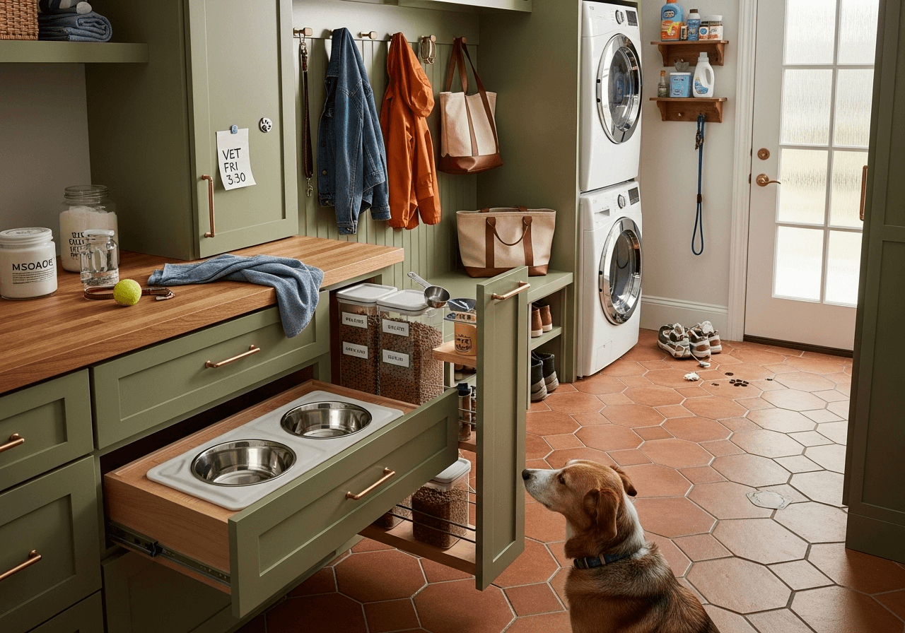 Mudroom with pull-out feeding station, dog bowls, and functional pet-friendly home organization ideas