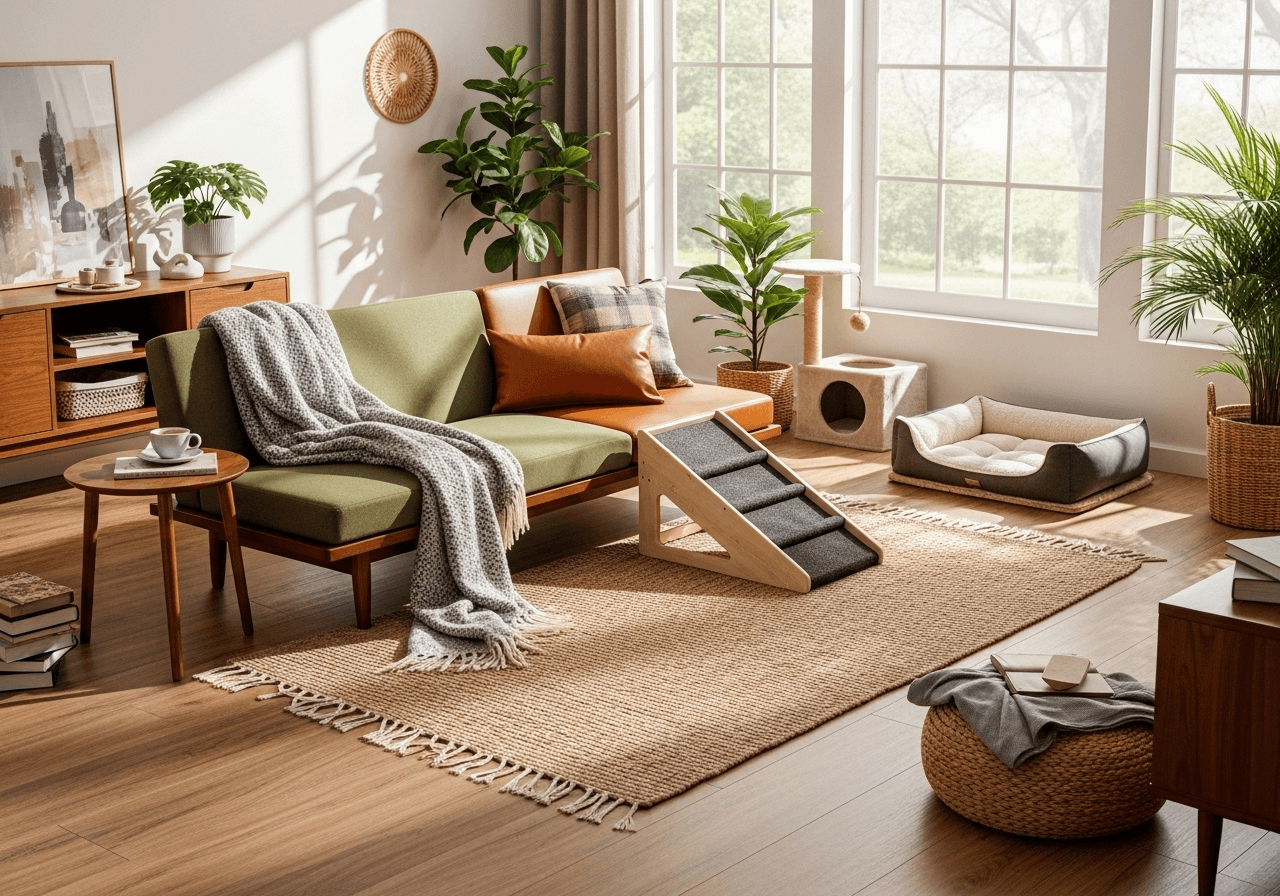Modern living room with low pet-friendly furniture and warm mid-century interior design for homes with dogs and cats