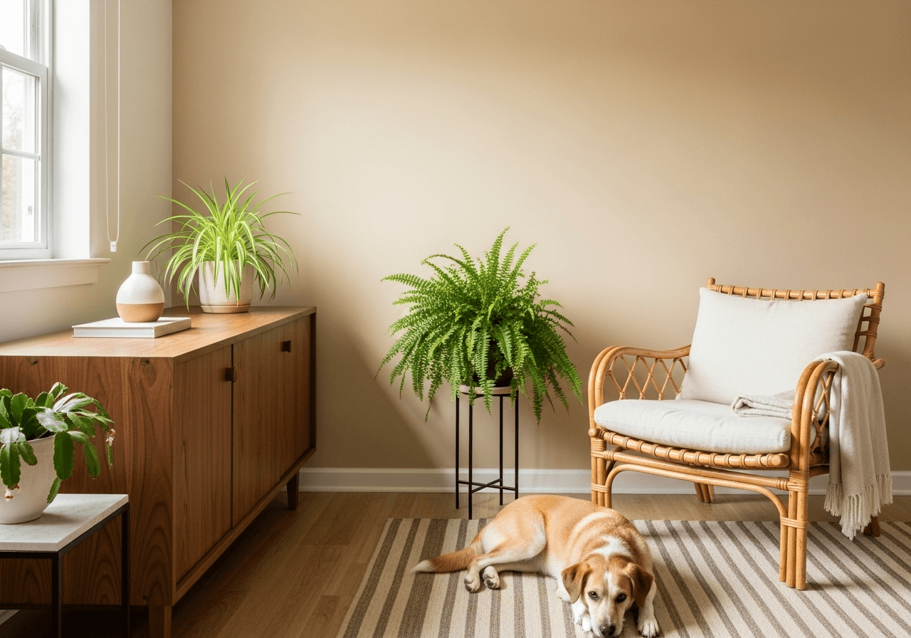 Living room with pet-safe plants, mid-century modern furniture, and bright natural light for pet-friendly home design