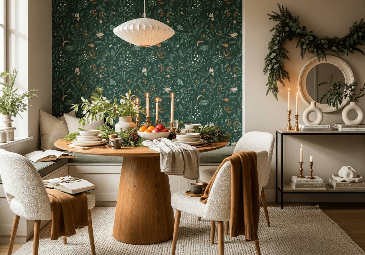Designer dining nook with bold temporary holiday wallpaper, velvet dining chairs, layered table décor, and elegant winter greenery.