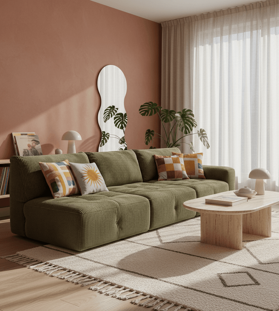 Cozy living room with a slouchy linen sofa, warm tones, and layered textures for ultimate comfort.