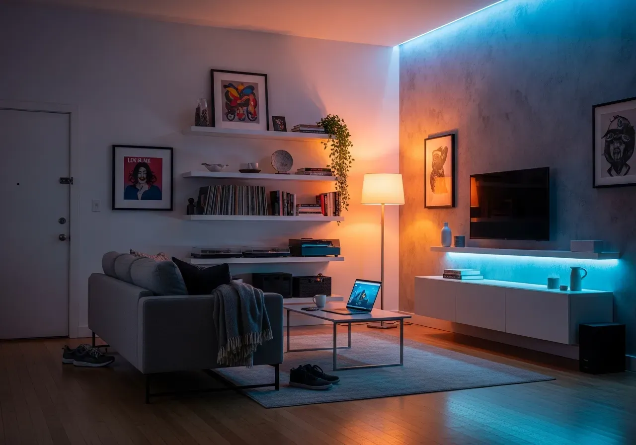 Modern Seattle loft living room with smart LED lighting and warm evening ambiance showing 2025 lighting trend.