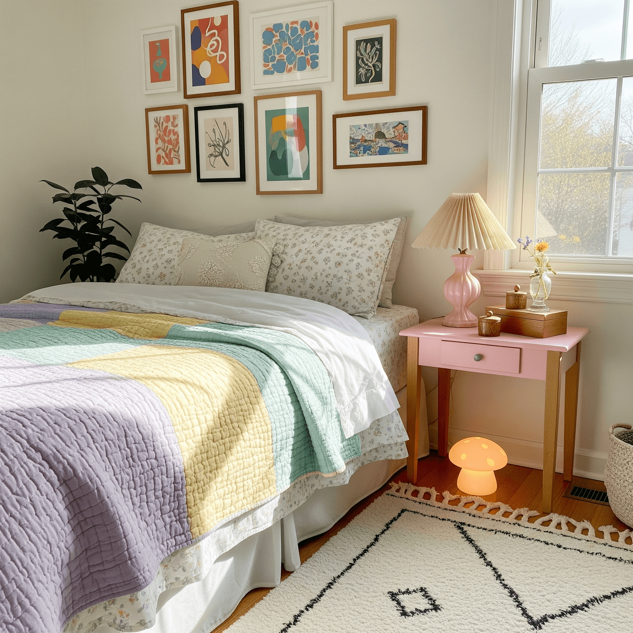 Small bedroom with patchwork pastel quilt, floral sheets, and pleated bedside lamp—spring bedding ideas for a fresh seasonal update.
