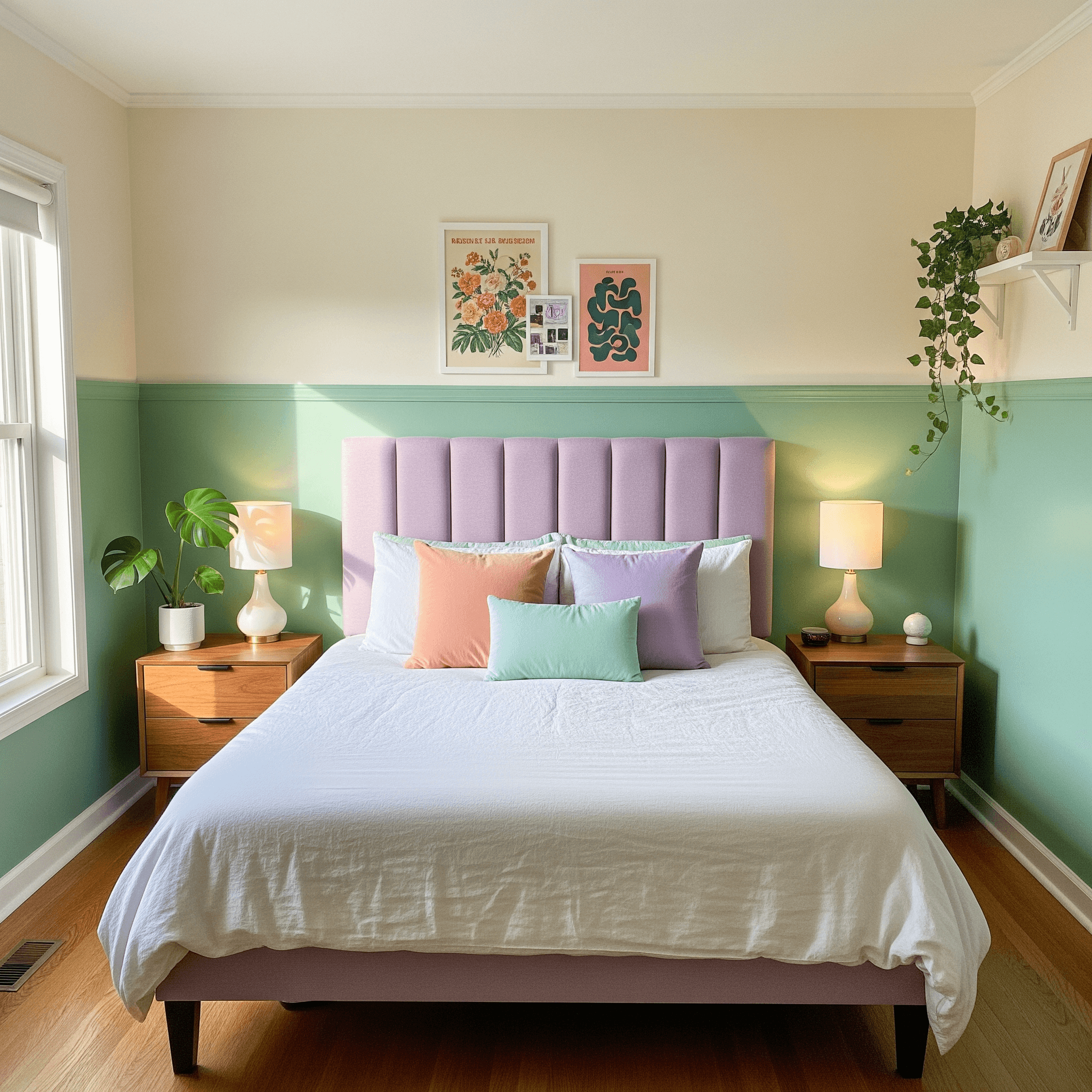 Cozy bedroom with pistachio color-drenched accent wall, lilac textiles, and walnut nightstands—spring decorating ideas using paint and pastels.