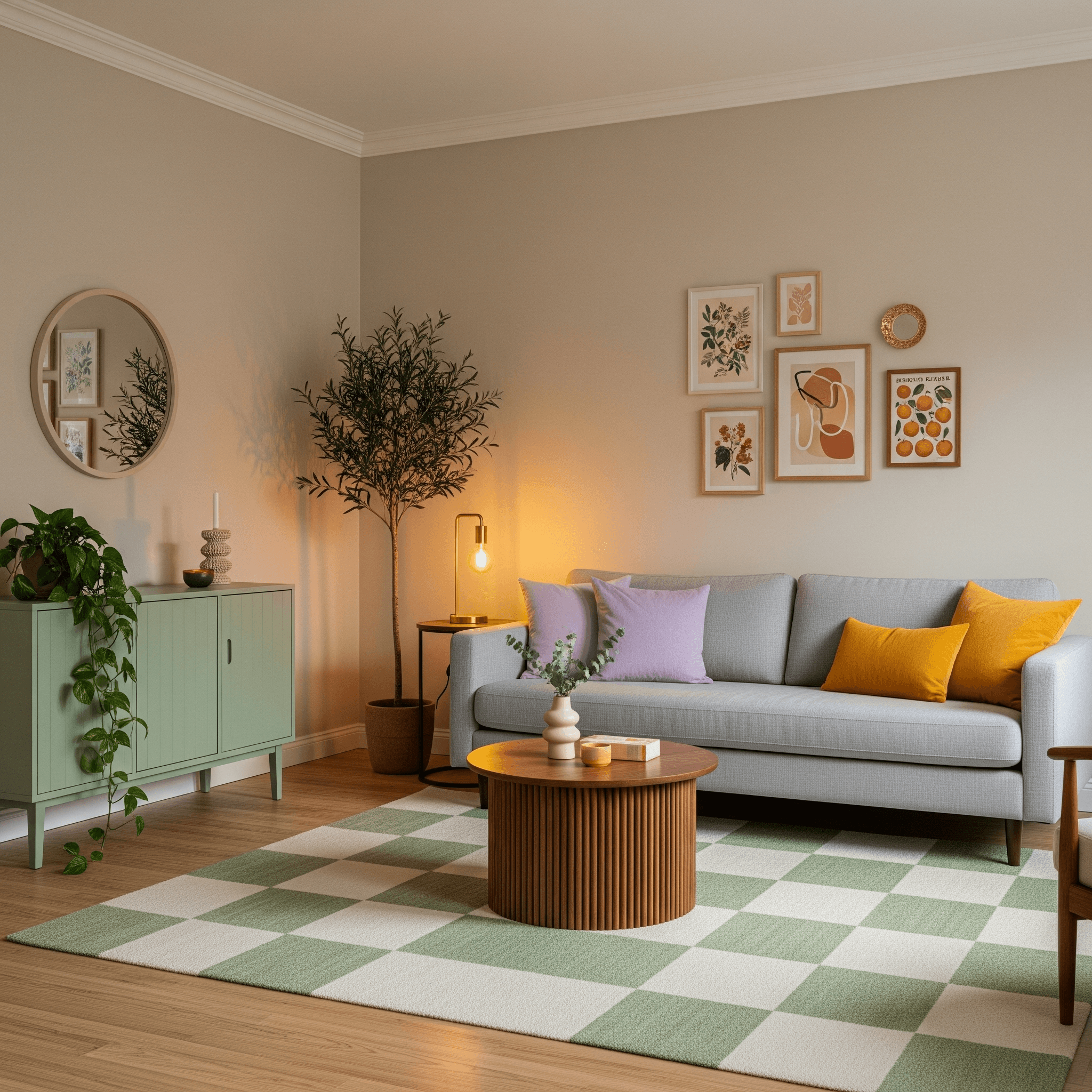 Putty-clay color-drenched living room with pastel pops, checkerboard rug, and olive tree—spring decor ideas built on a calm neutral base.