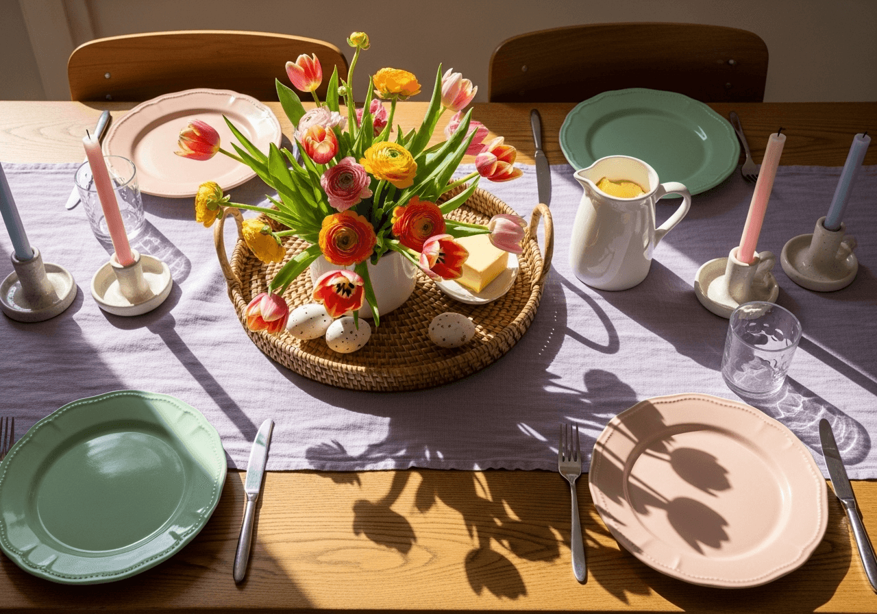 Oak table with woven tray centerpiece of tulips, greenery, and speckled eggs—spring dining room decor ideas for easy entertaining.
