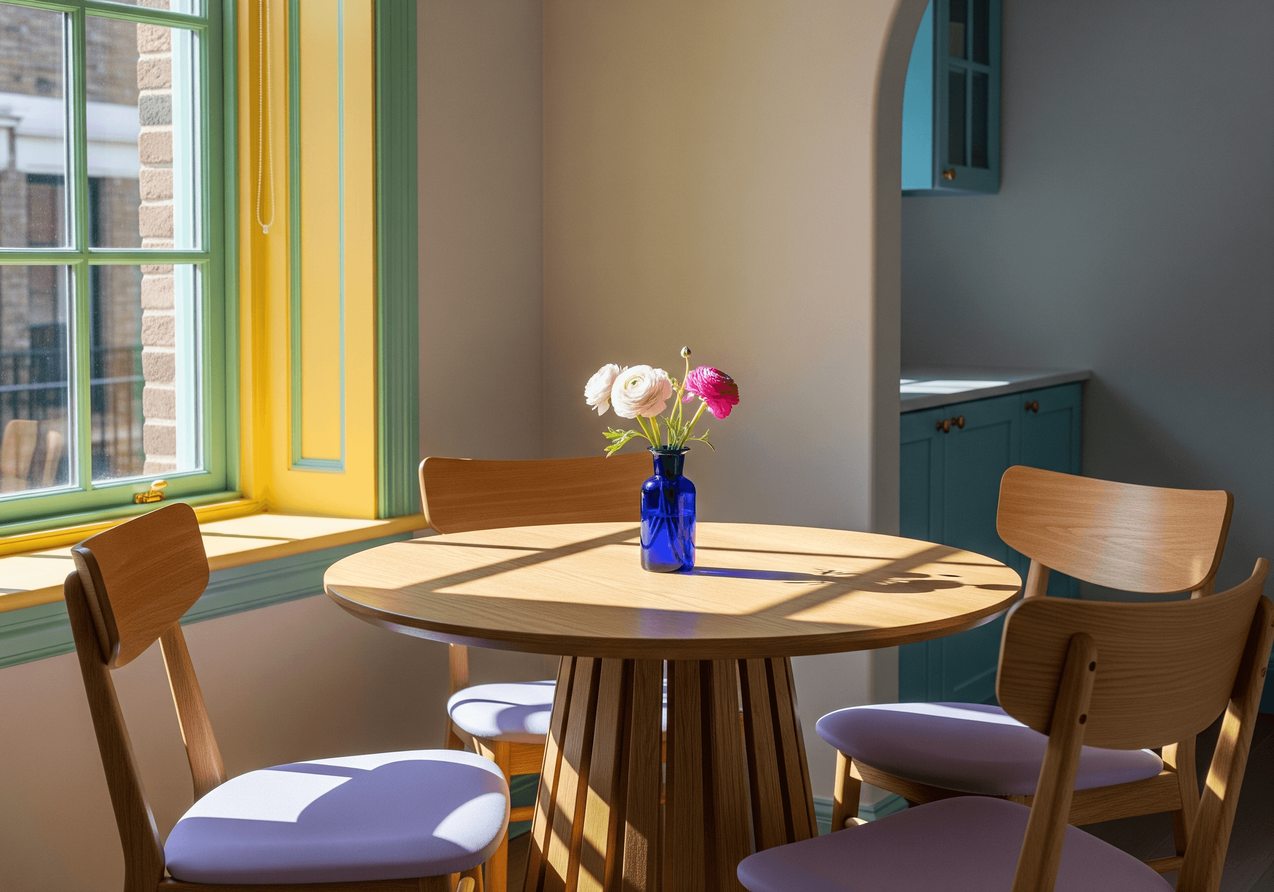 Dining nook with mint trim, butter chairs, blush runner, and cobalt vase—spring color palette ideas for cheerful, modern homes.