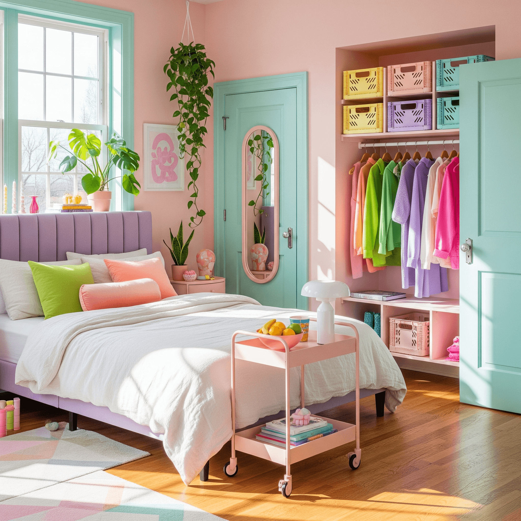 Joyful dopamine-decor bedroom with blush walls, lilac headboard, mint trim, geometric runner, and lush greenery—bold spring interior design ideas.