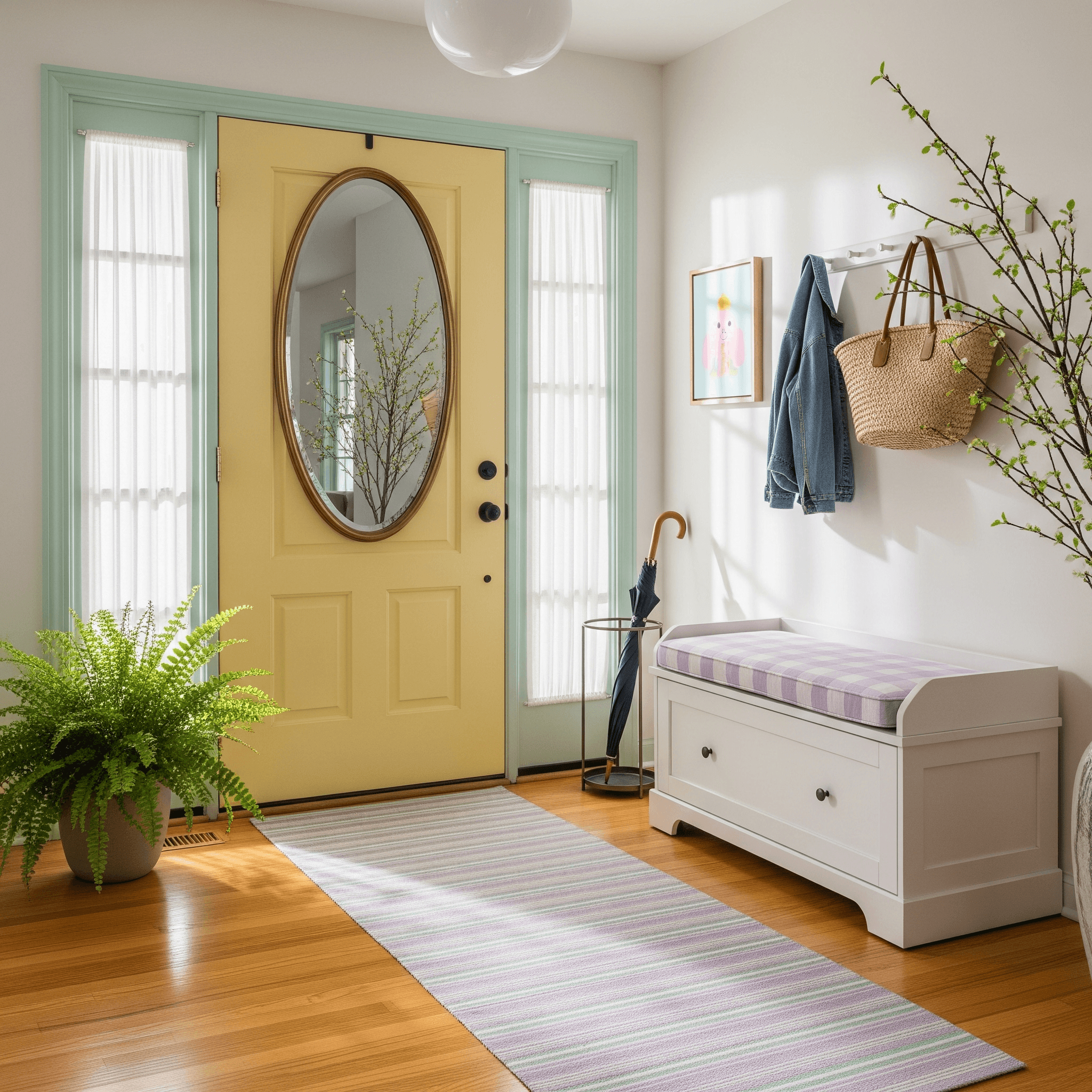 Pastel entryway with butter door, mint casing, gingham cushion, and branch arrangement—small space spring decorating ideas for a welcoming foyer.