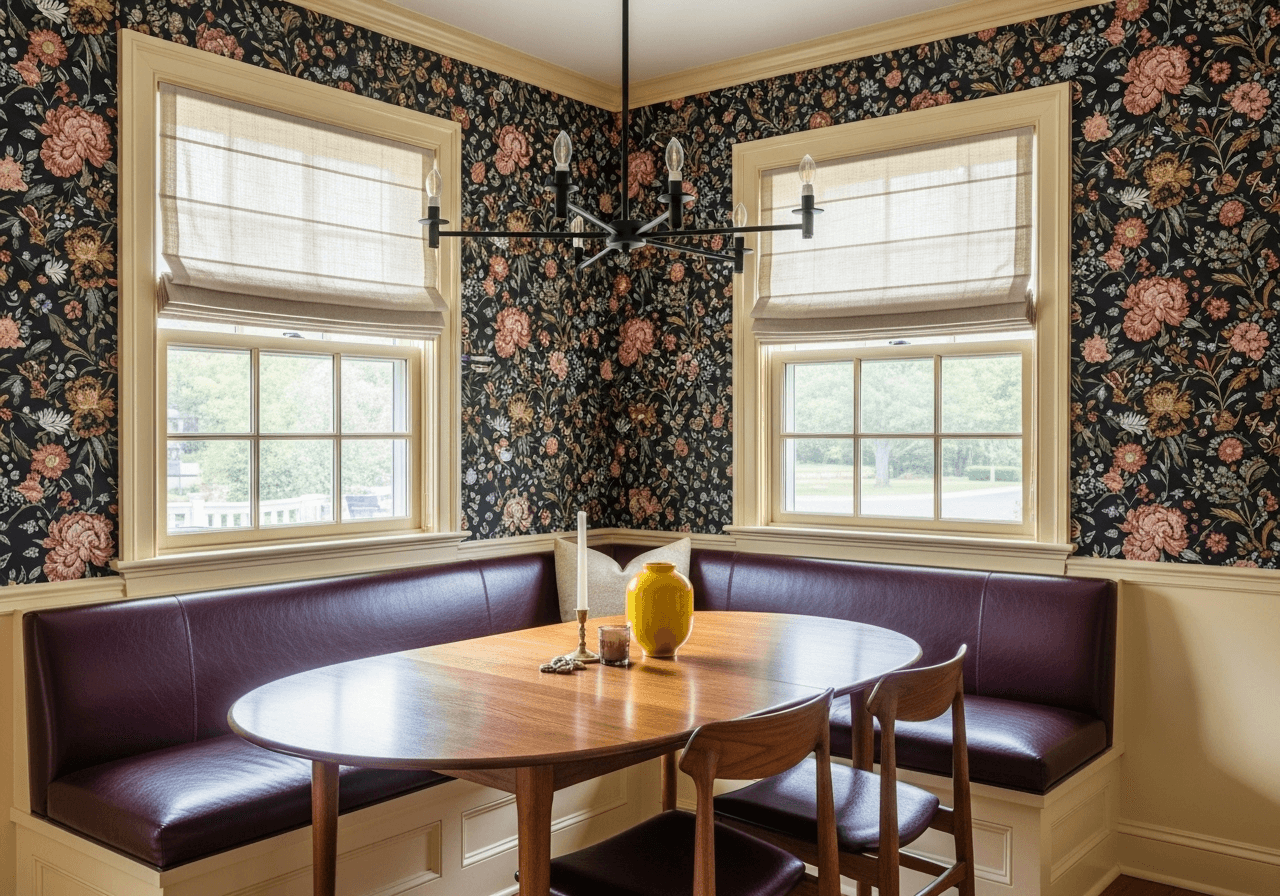 Floral wallpaper breakfast nook with lemon-cream casing, plum banquette, and oval oak table—spring wall decor ideas using removable wallpaper.