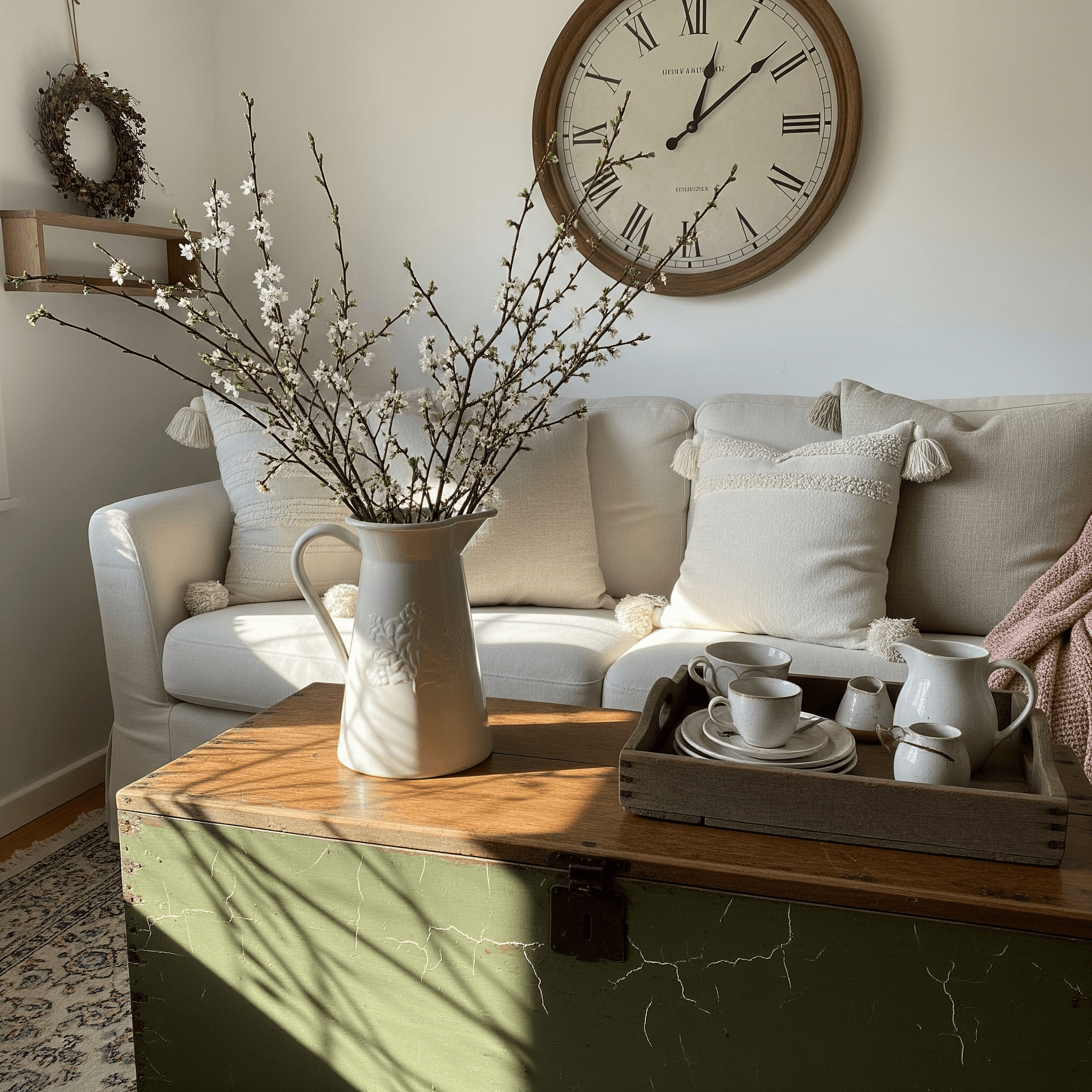 Cottage-style living room with flowering branches on vintage green coffee chest, linen sofa, and blush accents—spring decor ideas with natural botanicals.