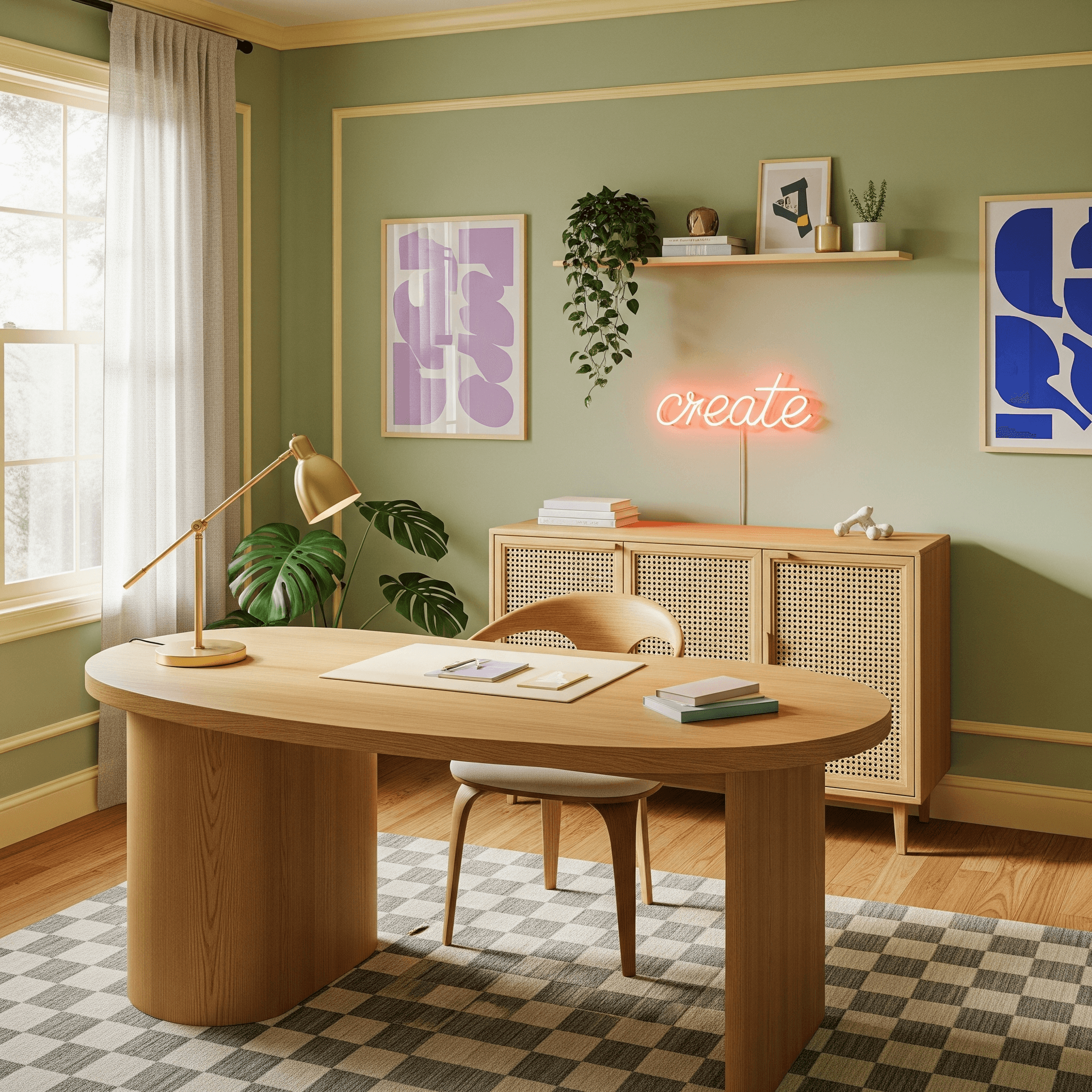 Stunning pastel home office with pistachio walls, curved oak desk, cane credenza, greenery, and subtle coral neon accent—spring workspace decor ideas.