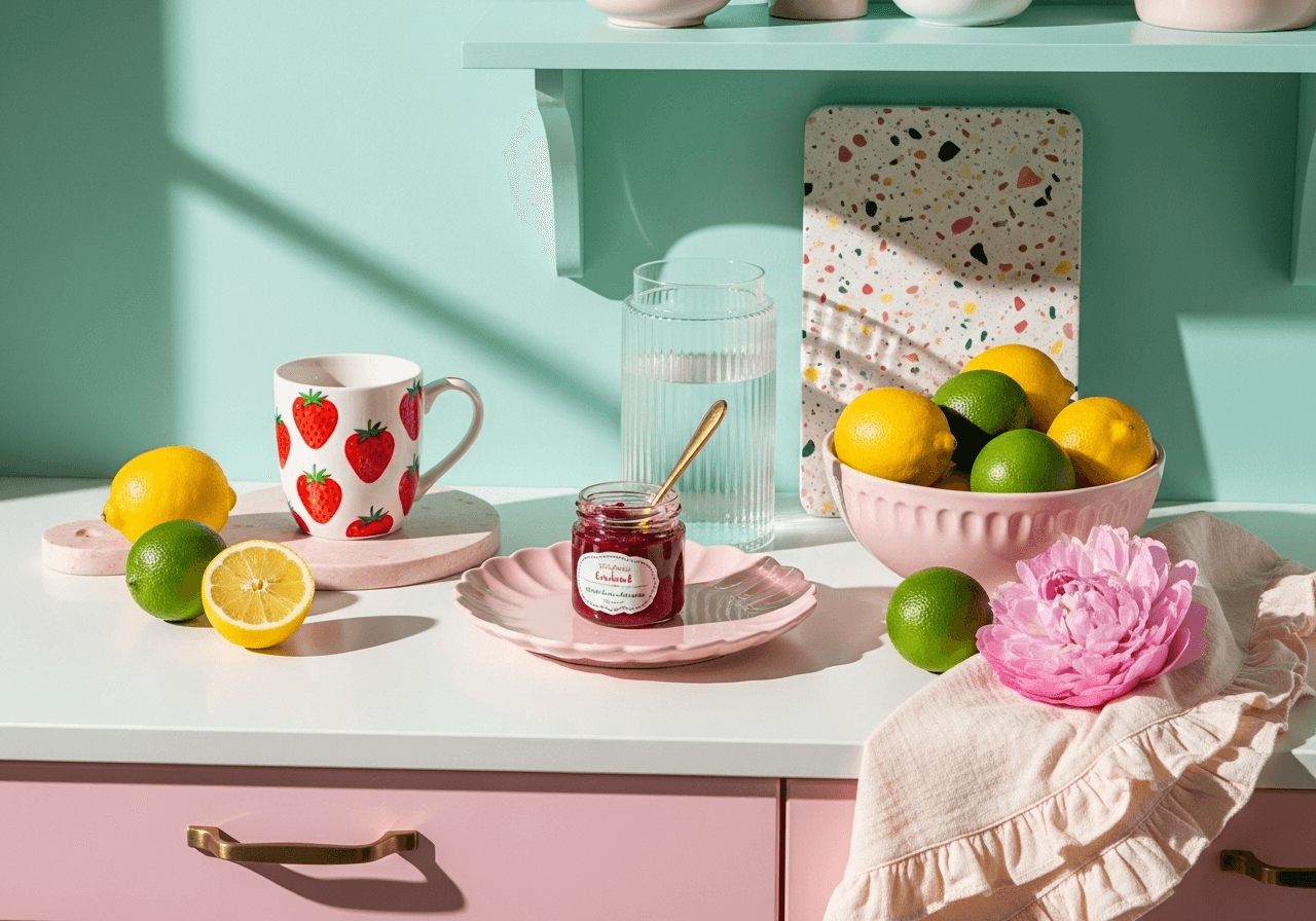 Pastel kitchen vignette with lemons, limes, mint shelving, and strawberry mug—spring decor ideas featuring citrus for fresh color.