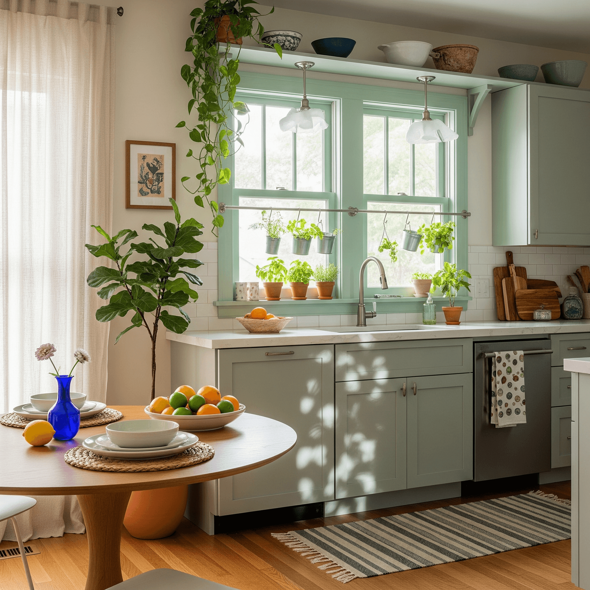 Sage kitchen–dining with potted herbs, trailing plants, and mint trim showcasing biophilic spring decor ideas and affordable spring home decorating.