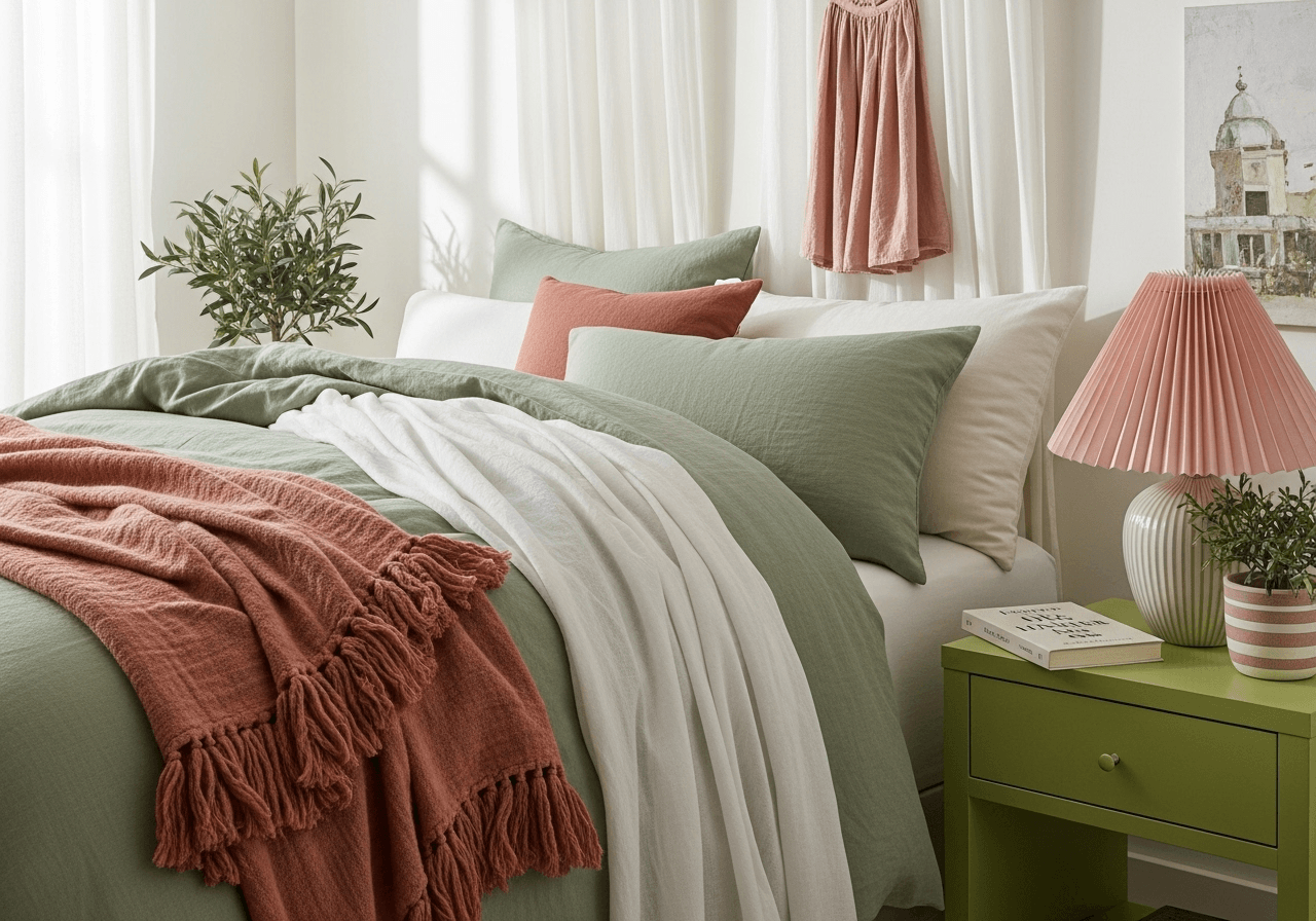 Soft bedroom with sage linen duvet, cloud-white sheers, pleated lamp, and olive tree—spring bedroom decor ideas with airy textures.