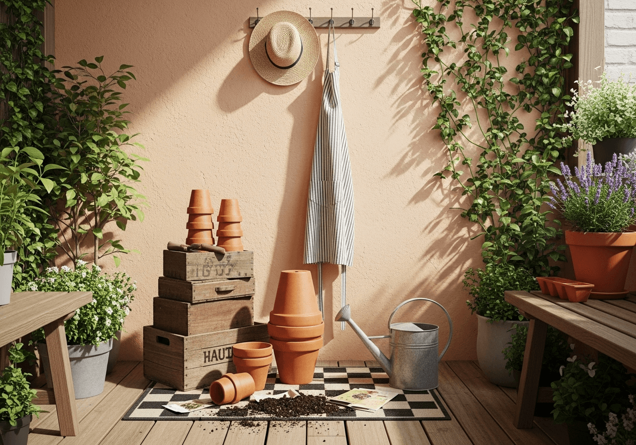 Mudroom–potting corner with vintage crates, galvanized watering can, and terra-cotta stacks—DIY spring decorating ideas for gardeners.