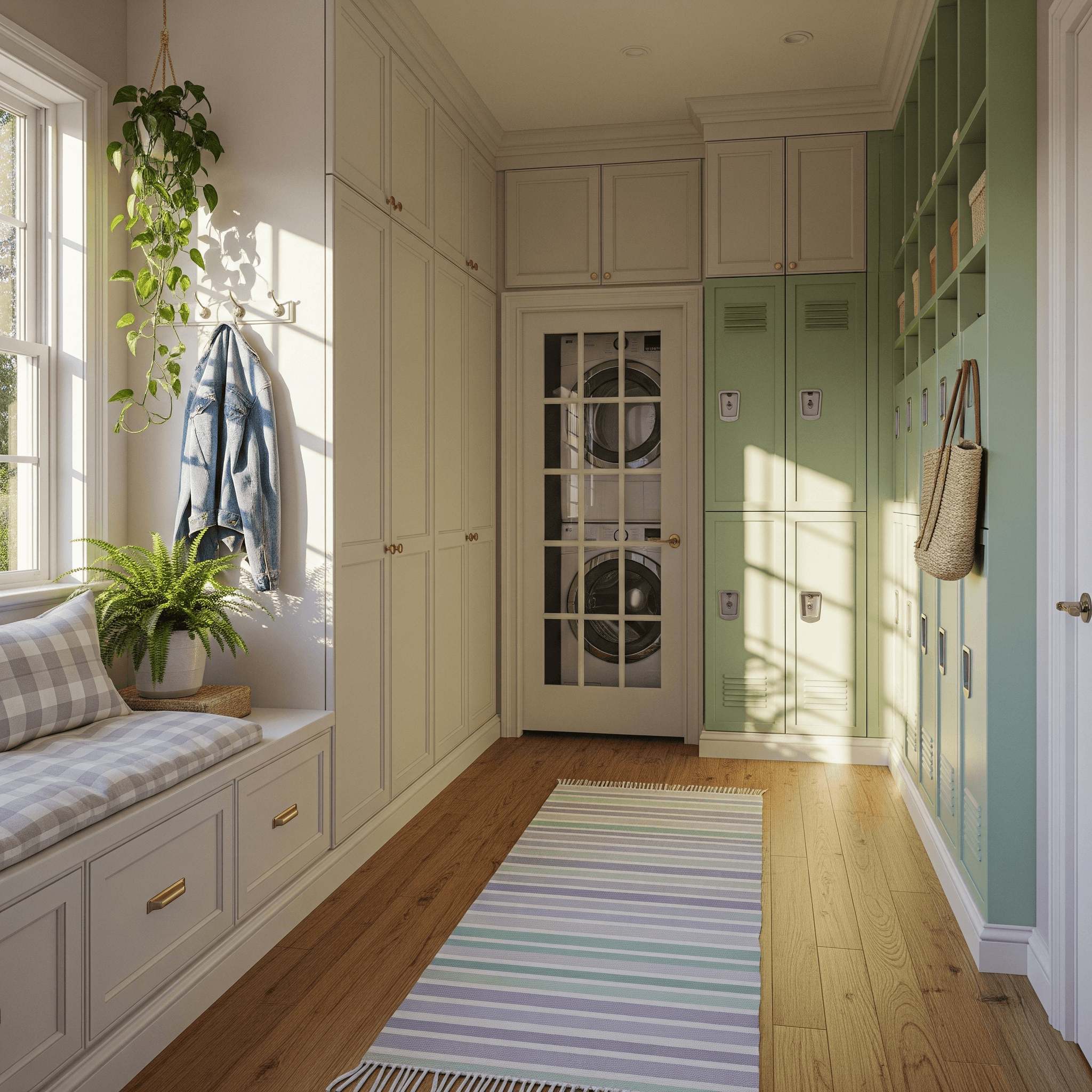 Spring-ready mudroom–laundry with butter cabinets, pistachio lockers, closed storage, and striped runner—organized spring home decorating ideas.