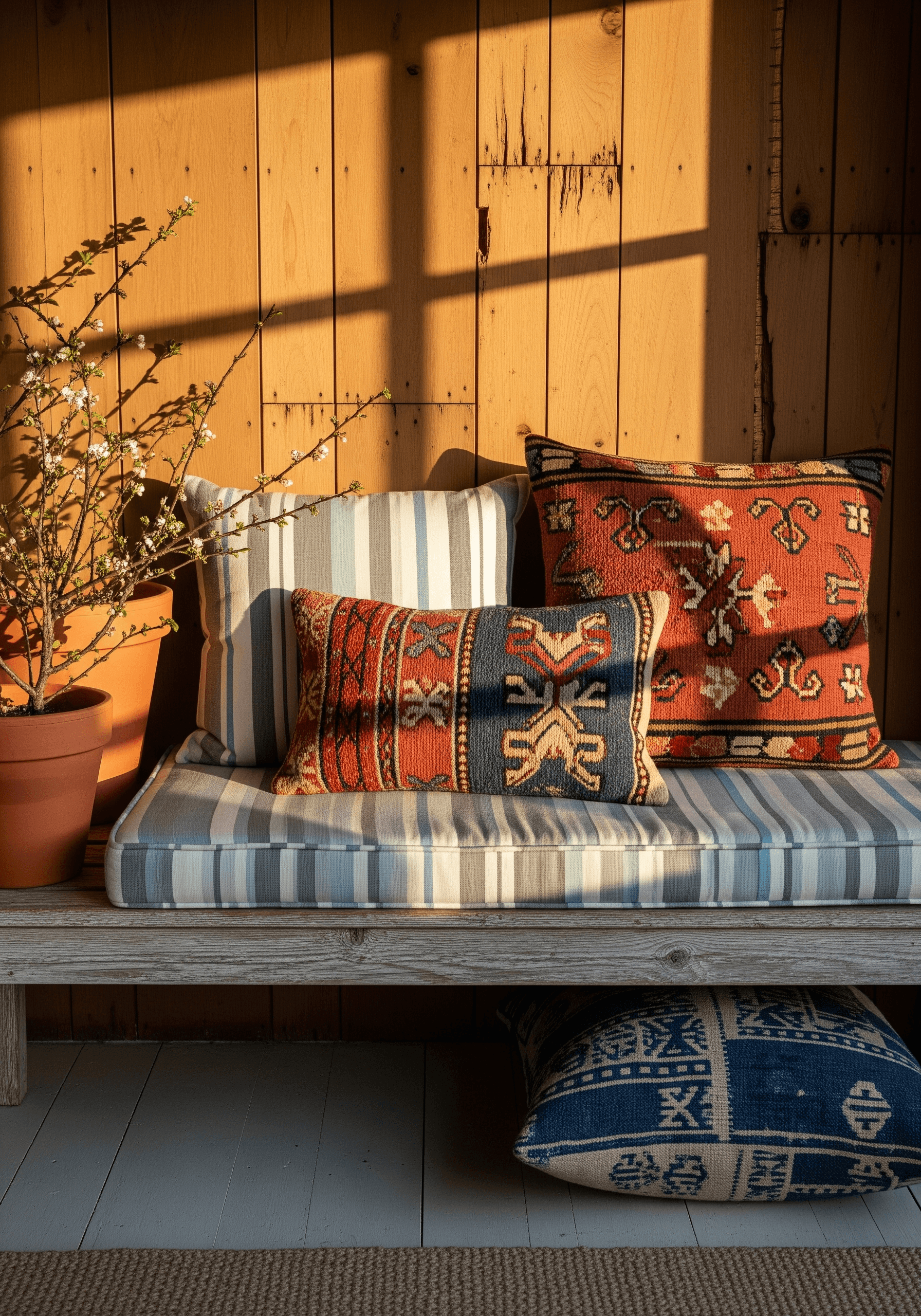 Warm lounge with rattan chair, jute textures, terracotta pots, and golden-hour light—spring decor ideas using natural materials.