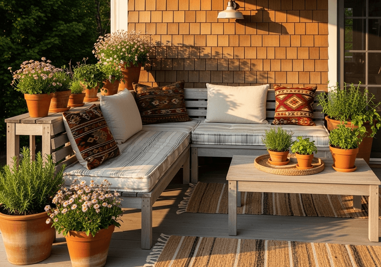Compact porch with striped cushions, terracotta planters, layered outdoor rugs, and string lights—spring patio decor ideas for cozy evenings.