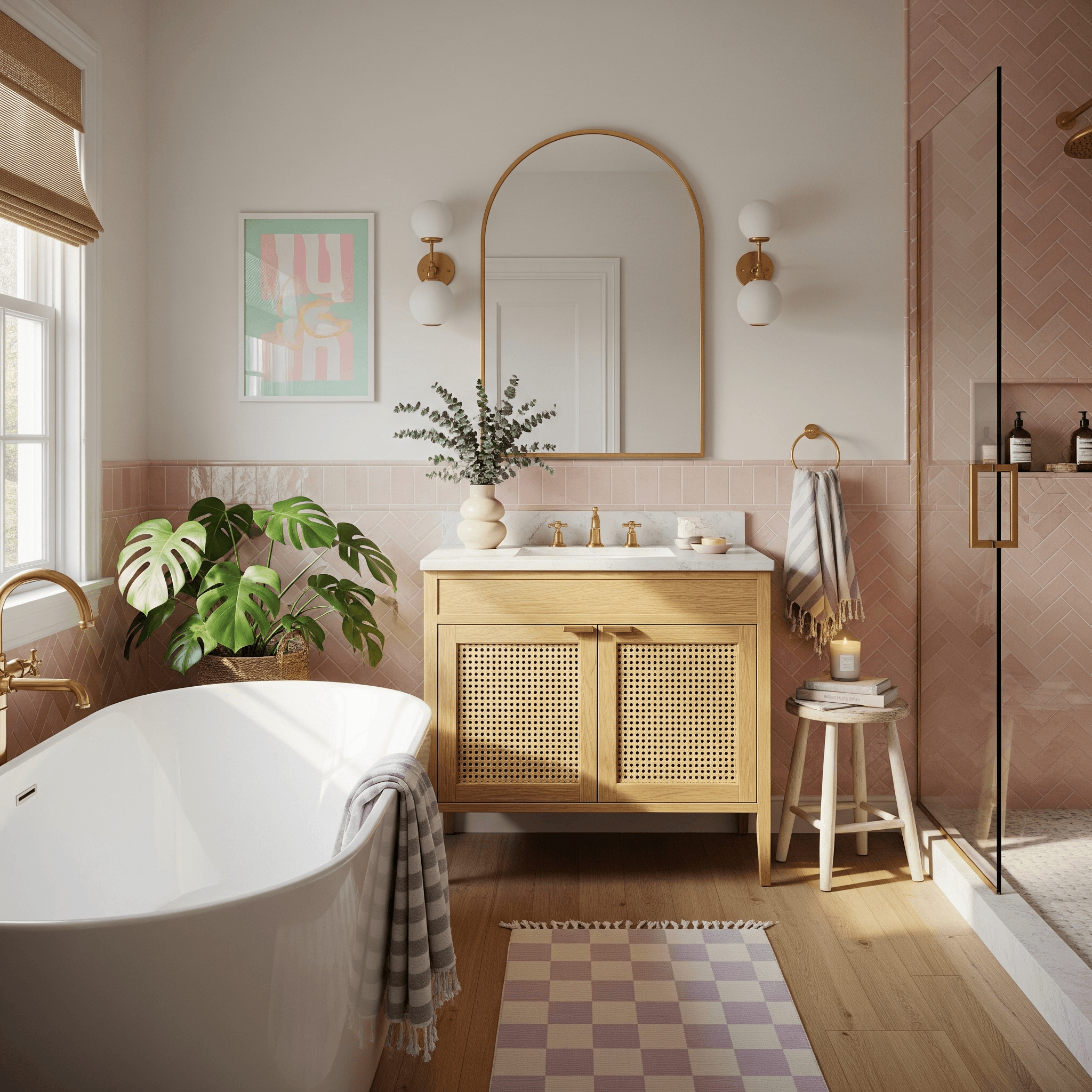 Gorgeous pastel bathroom with blush herringbone wainscoting, oak cane vanity, brass fixtures, greenery, and woven shade—spring bathroom decor ideas featuring tile.