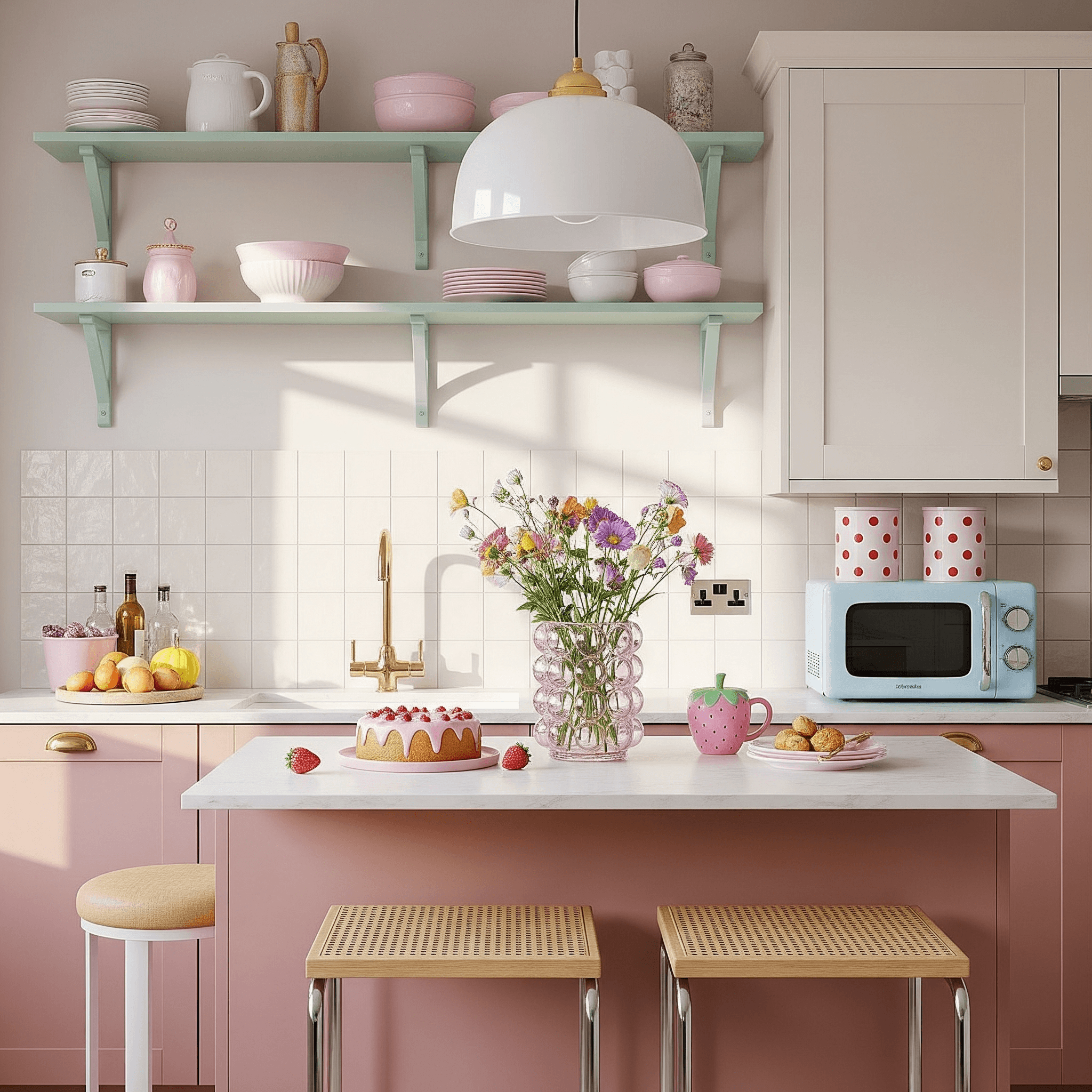 Blush-and-cream kitchen with cane stools, bubble-glass vase, and playful accessories—spring kitchen decor ideas in a pastel palette.