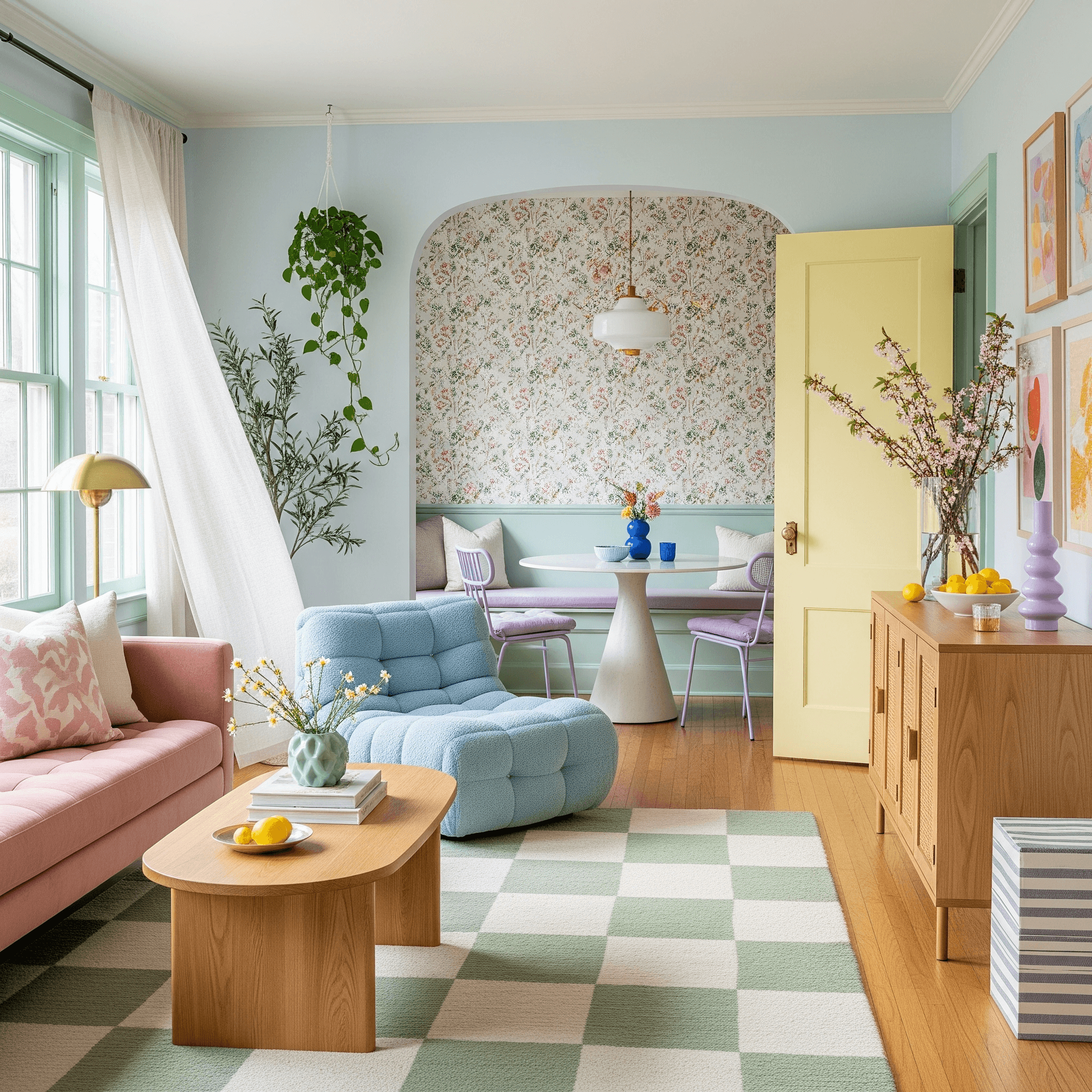 Ultimate spring decor living–dining room with pastel color palette, floral wallpaper nook, lightweight linen curtains, checkerboard rug, and fresh greenery for spring home decorating inspiration.