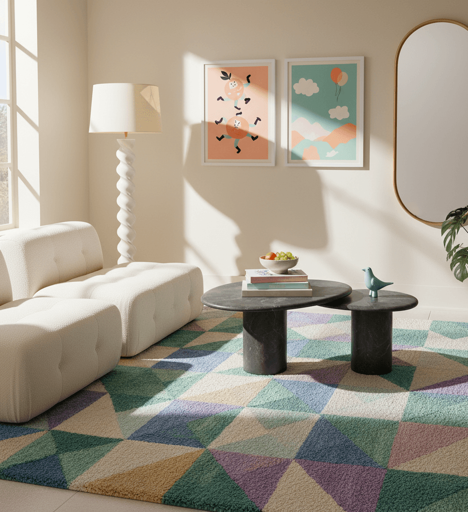 Pastel geometric statement rug anchoring a playful living room with colorful seating and greenery—spring decorating ideas for bold floors.