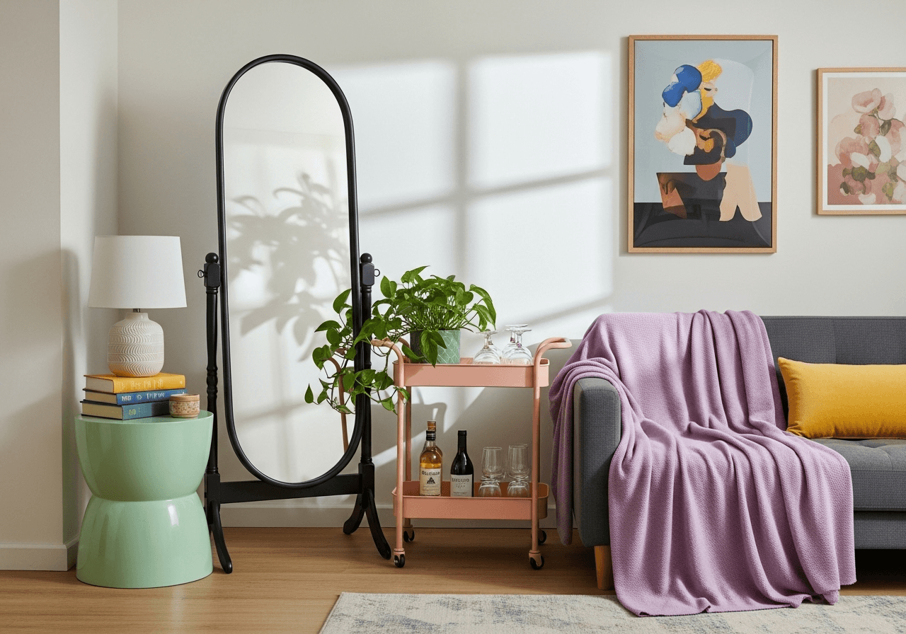 Reimagined living room using rearranged pieces, mint side table, lilac throw, and blush bar cart—spring decor ideas without buying new furniture.