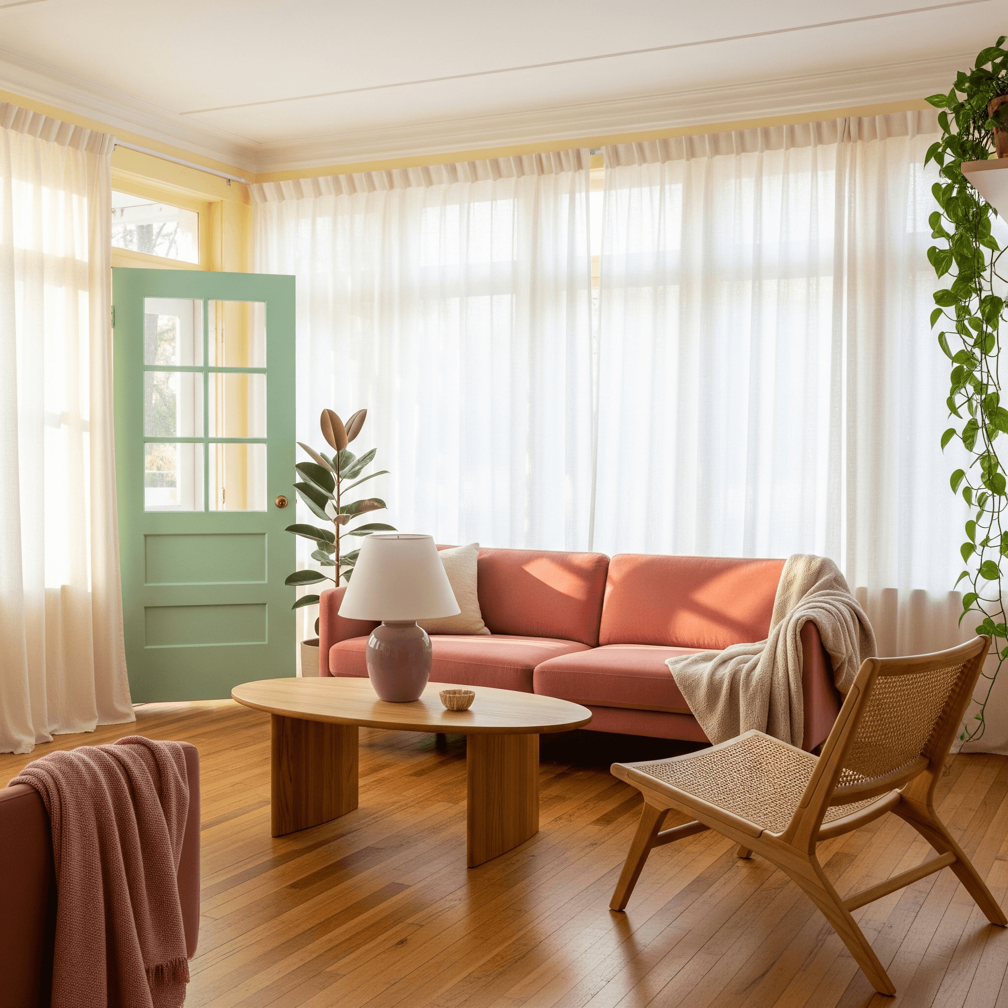 Airy living room with sheer linen curtains, butter trim, and rose-clay sofa—spring home decor ideas that brighten natural light.