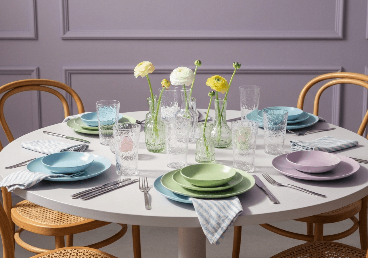Round table set with mix-and-match pastel plates, ripple glasses, and striped napkins—spring table decor ideas for cheerful gatherings.