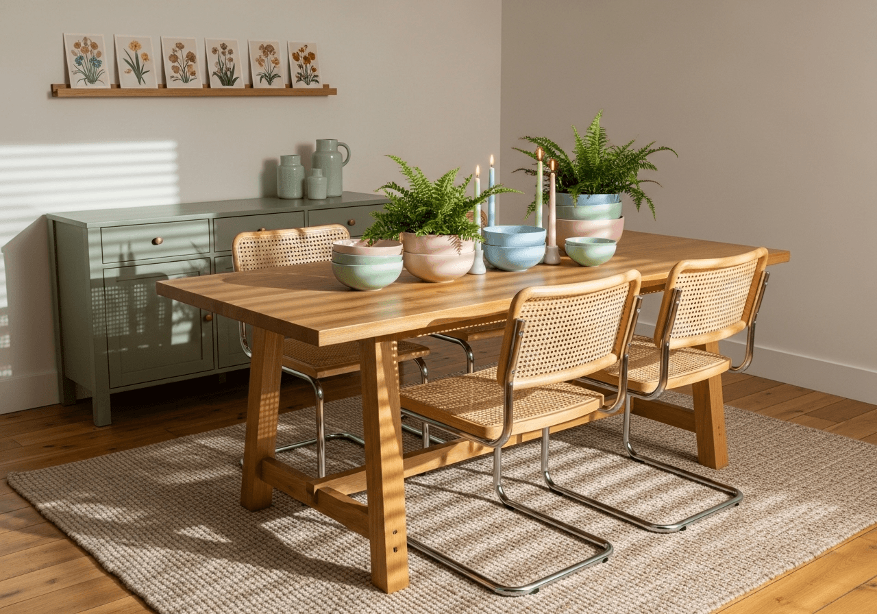 Timeless dining room with oak table, cane chairs, neutral rug, and swappable pastel accents—spring home decorating ideas that work year-round.
