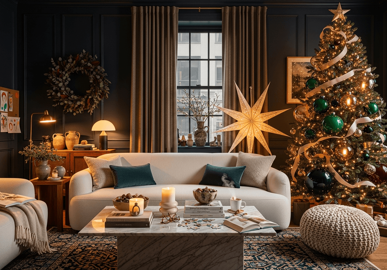 Modern living room with oversized holiday ornaments, tall Christmas tree with large lights, and rich jewel-tone decor styled in an elevated festive space.