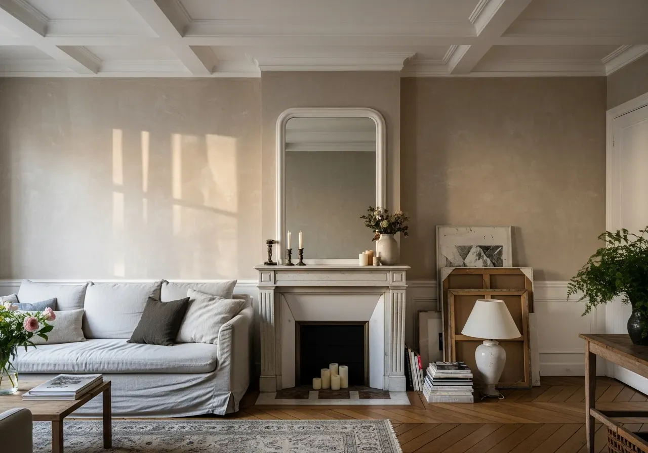 Paris living room with limewashed walls and coffered ceiling showing textured interior design trend for 2025.