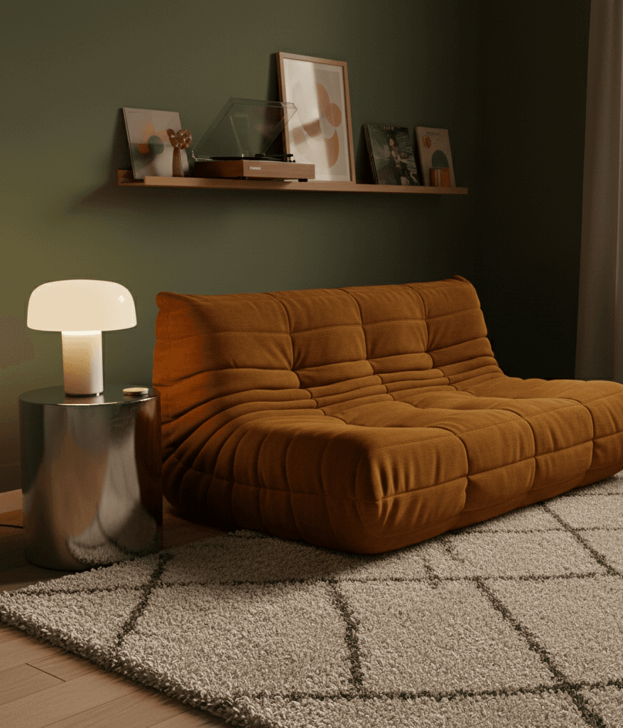 Retro-inspired Togo-style slouchy sofa in a warm color with vintage accents and cozy lighting.