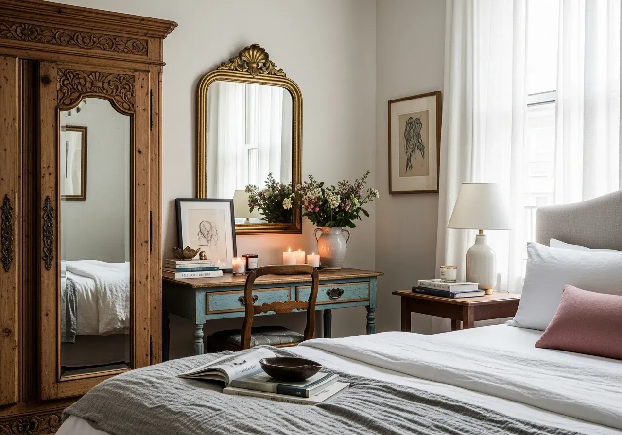 Bedroom blending vintage furniture and modern decor showing 2025 antique accent interior design trend.