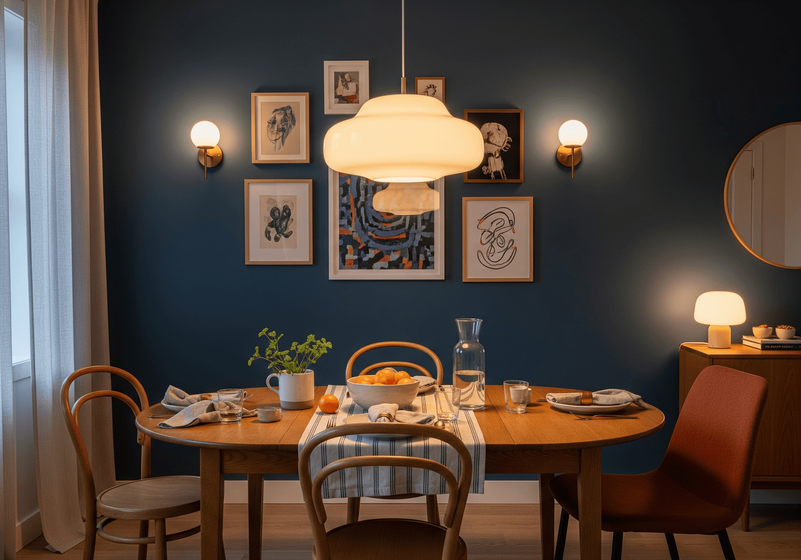 Multi-use dining nook with pendant ambient light, wall sconces for accent, and a portable lamp illustrates how to visualize and layer lighting in interior design.