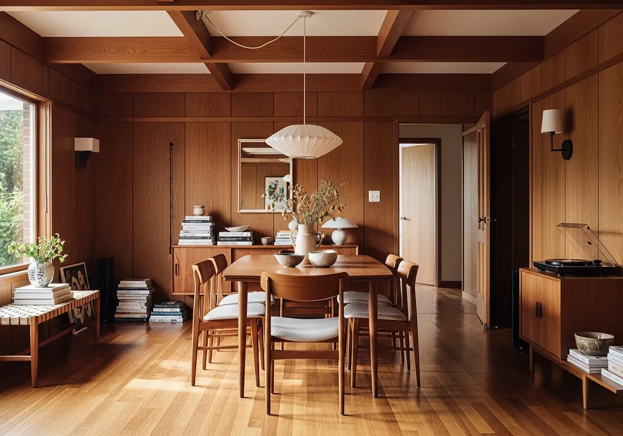 Warm wood-paneled dining room with oak walls, beams, and natural light showcasing 2025 wood drenching trend.